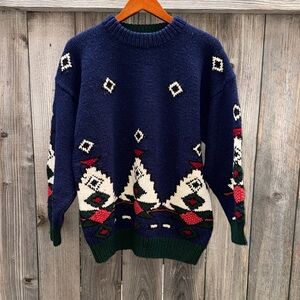 Vintage Marsh Landing Hand Knits 100% Shetland Wool Blue Red Turtleneck Sweater